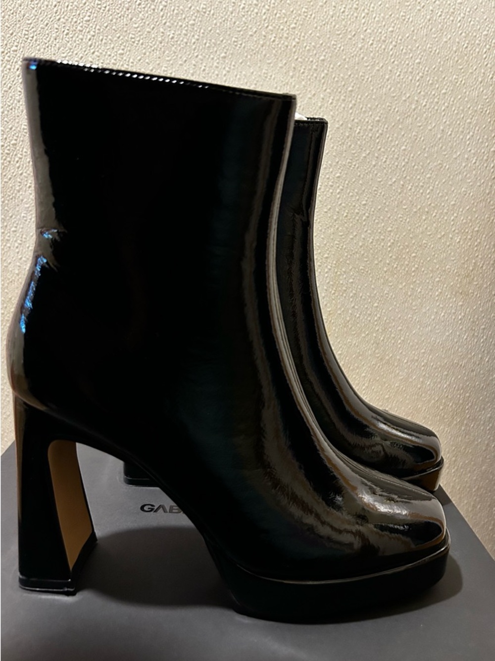 Gabrielle Union Black Patent High Block Heel Ankle Boots